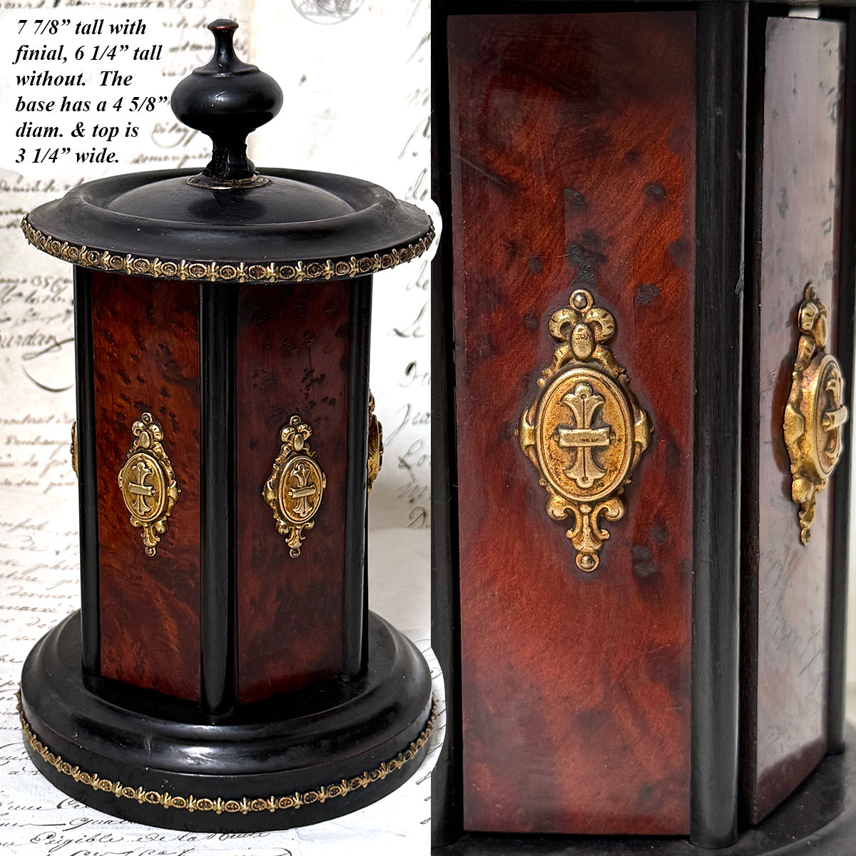 Antique French Victorian Era Cigar Presenter Caddy, Carousel Style, Burled & Brass Accents