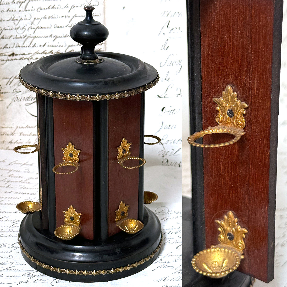 Antique French Victorian Era Cigar Presenter Caddy, Carousel Style, Burled & Brass Accents