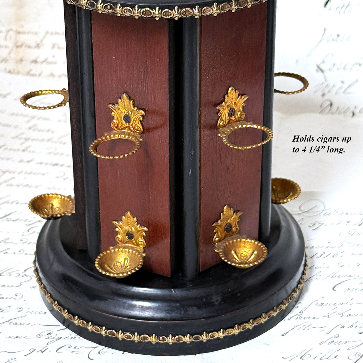 Antique French Victorian Era Cigar Presenter Caddy, Carousel Style, Burled & Brass Accents