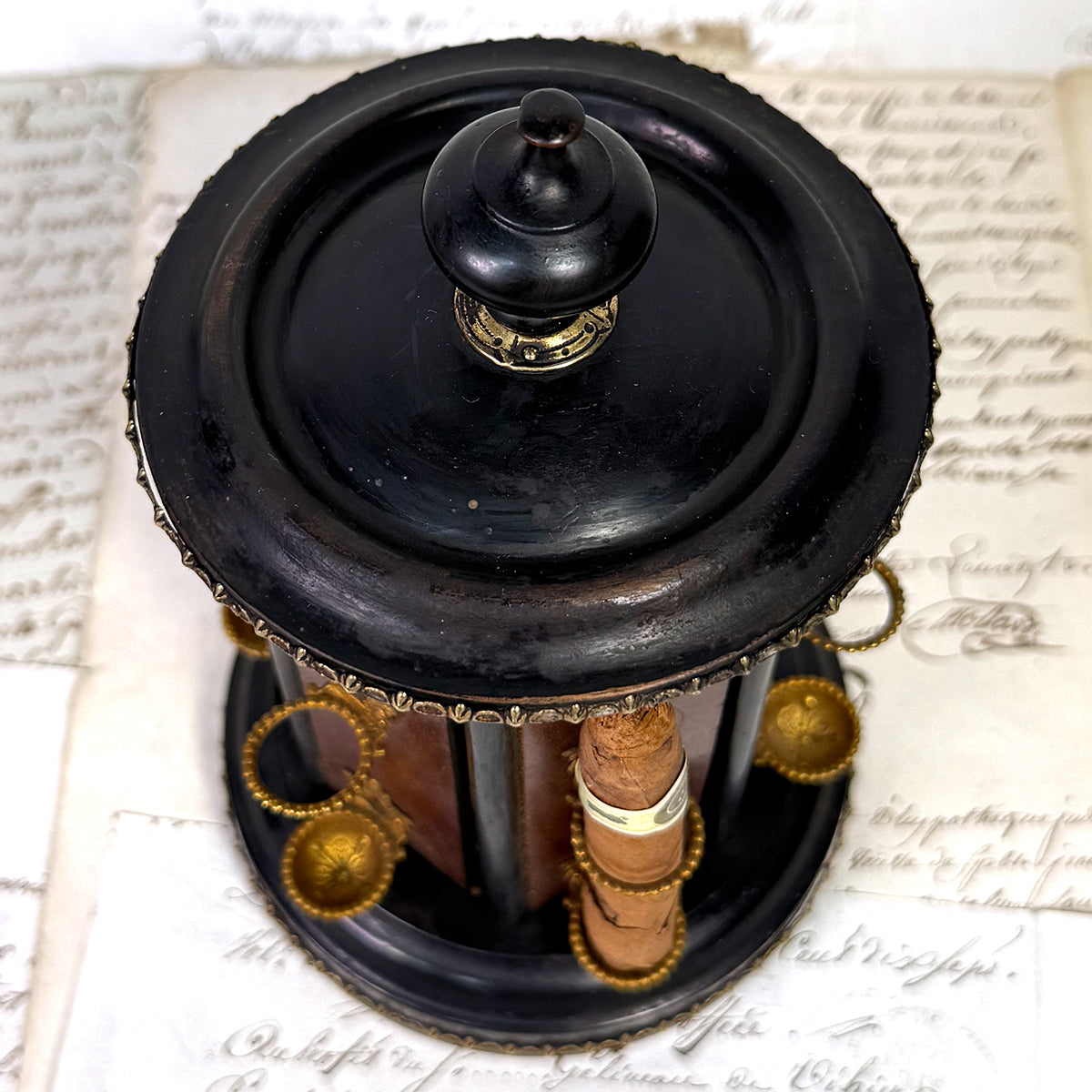 Antique French Victorian Era Cigar Presenter Caddy, Carousel Style, Burled & Brass Accents