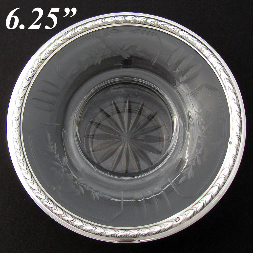 Antique French Sterling Silver & Intaglio Engraved Glass Condiment or Caviar Serving Dish