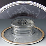 Antique French Sterling Silver & Intaglio Engraved Glass Condiment or Caviar Serving Dish