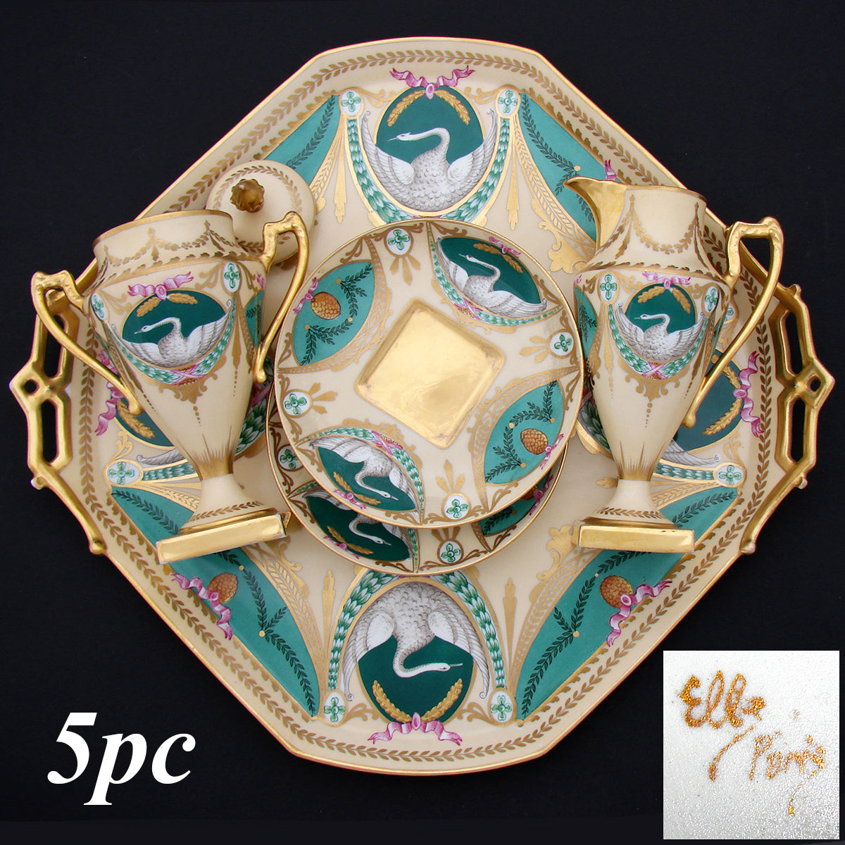 Antique French c. 1850-70 Empire Revival Style 5pc Tete-a-tete Sized Tea or Coffee Set, Swans