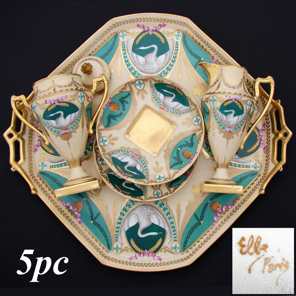 Antique French c. 1850-70 Empire Revival Style 5pc Tete-a-tete Sized Tea or Coffee Set, Swans