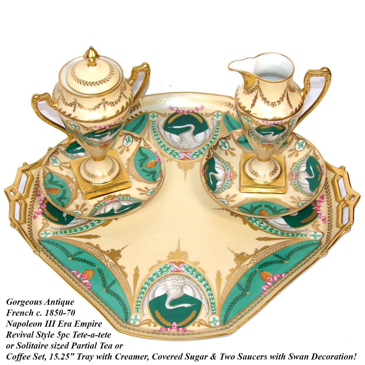 Antique French c. 1850-70 Empire Revival Style 5pc Tete-a-tete Sized Tea or Coffee Set, Swans