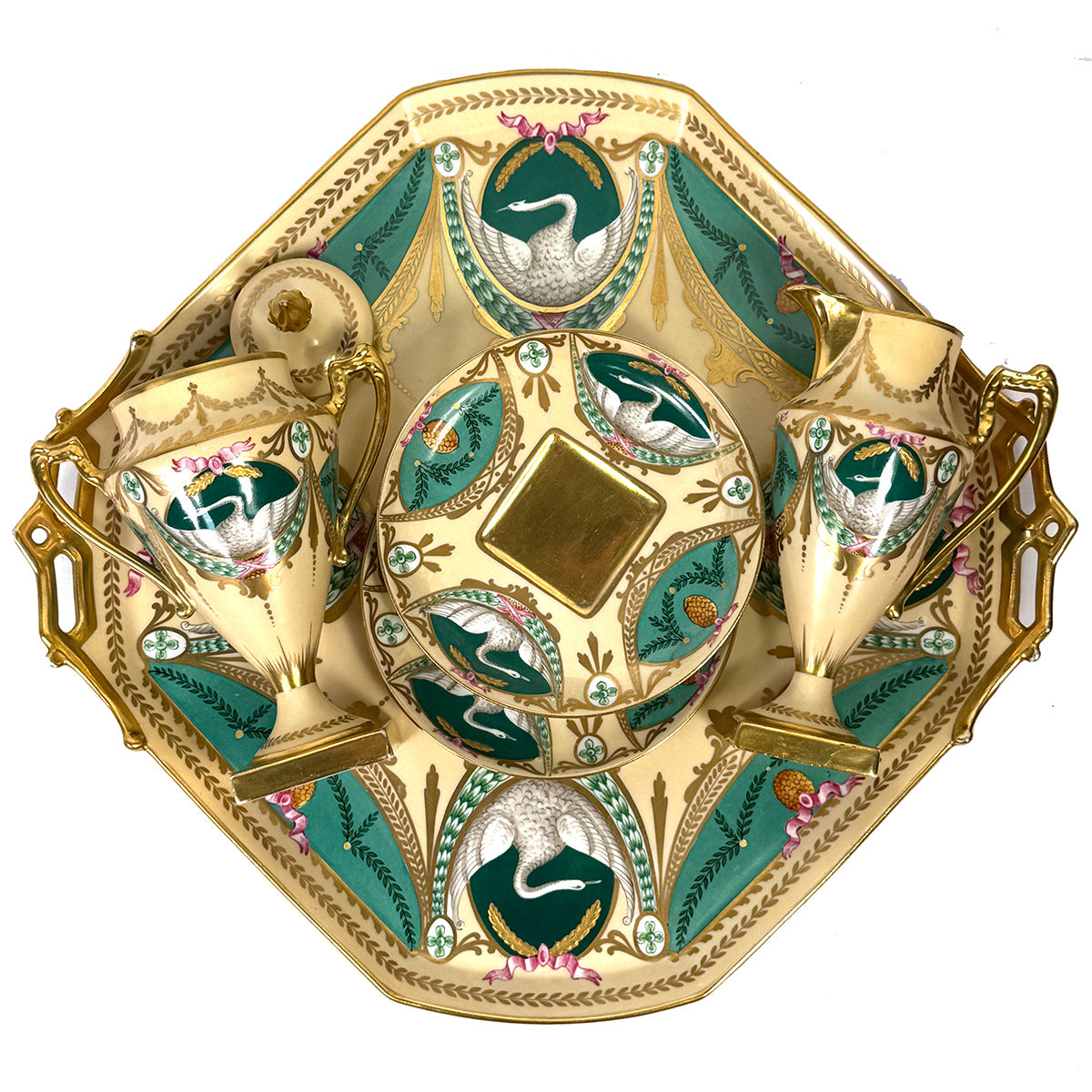 Antique French c. 1850-70 Empire Revival Style 5pc Tete-a-tete Sized Tea or Coffee Set, Swans