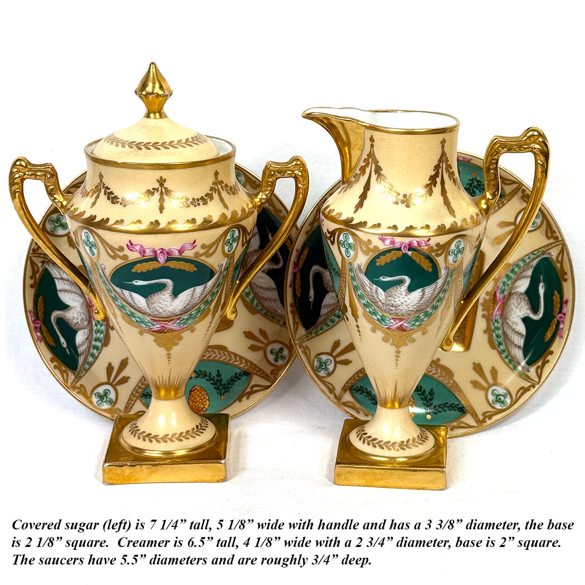 Antique French c. 1850-70 Empire Revival Style 5pc Tete-a-tete Sized Tea or Coffee Set, Swans