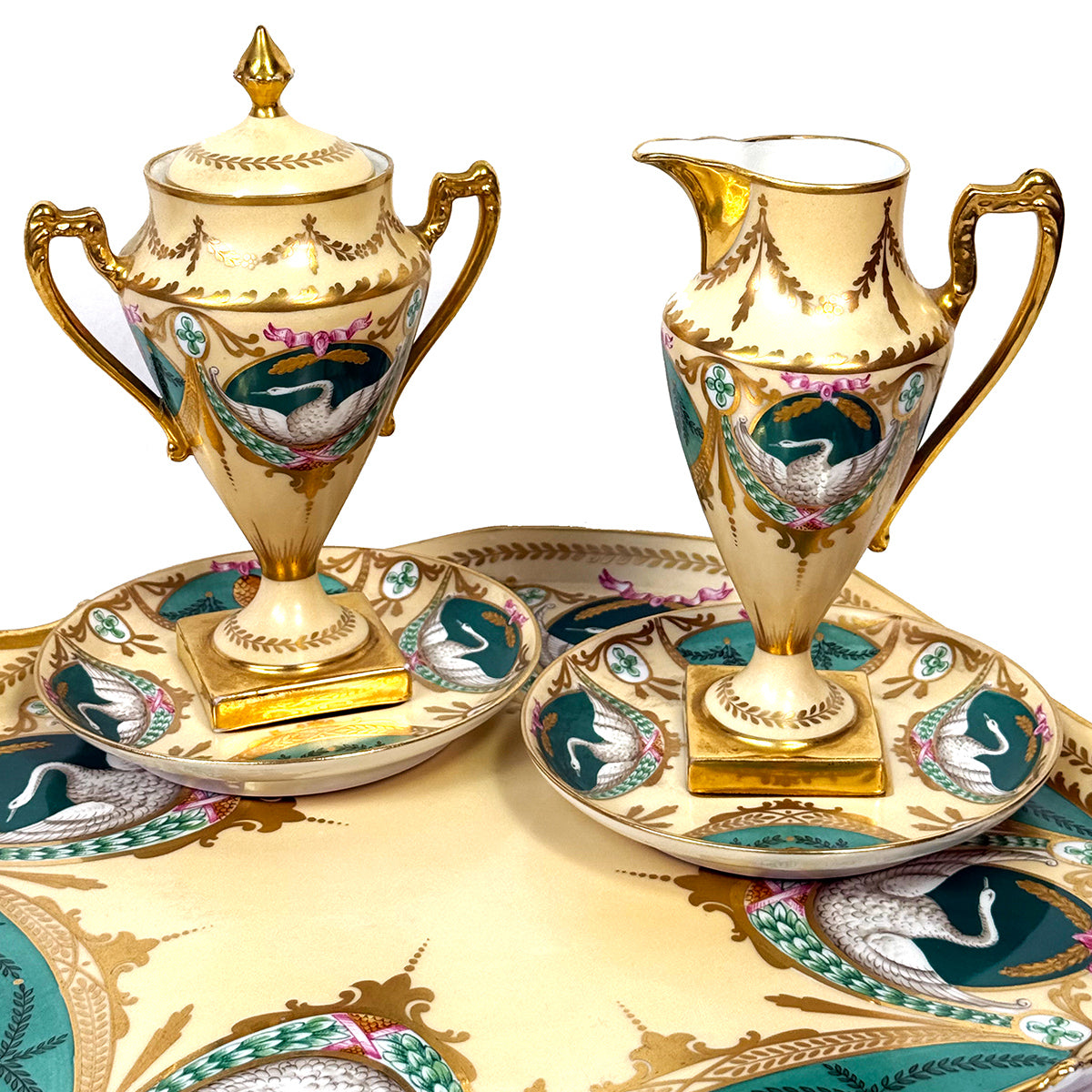 Antique French c. 1850-70 Empire Revival Style 5pc Tete-a-tete Sized Tea or Coffee Set, Swans