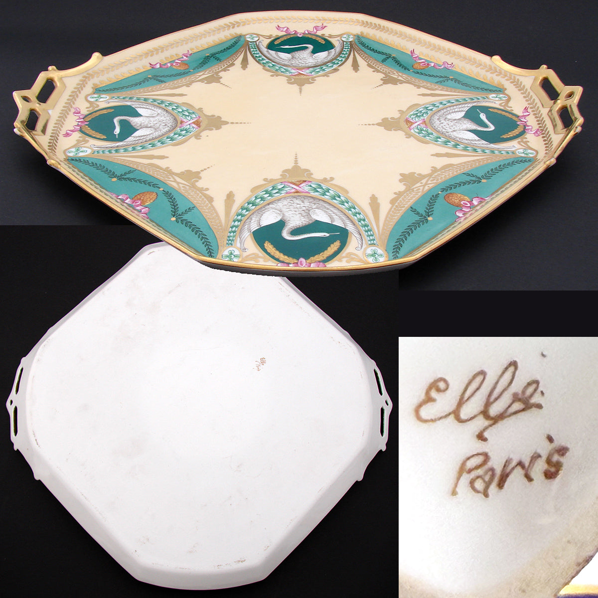 Antique French c. 1850-70 Empire Revival Style 5pc Tete-a-tete Sized Tea or Coffee Set, Swans