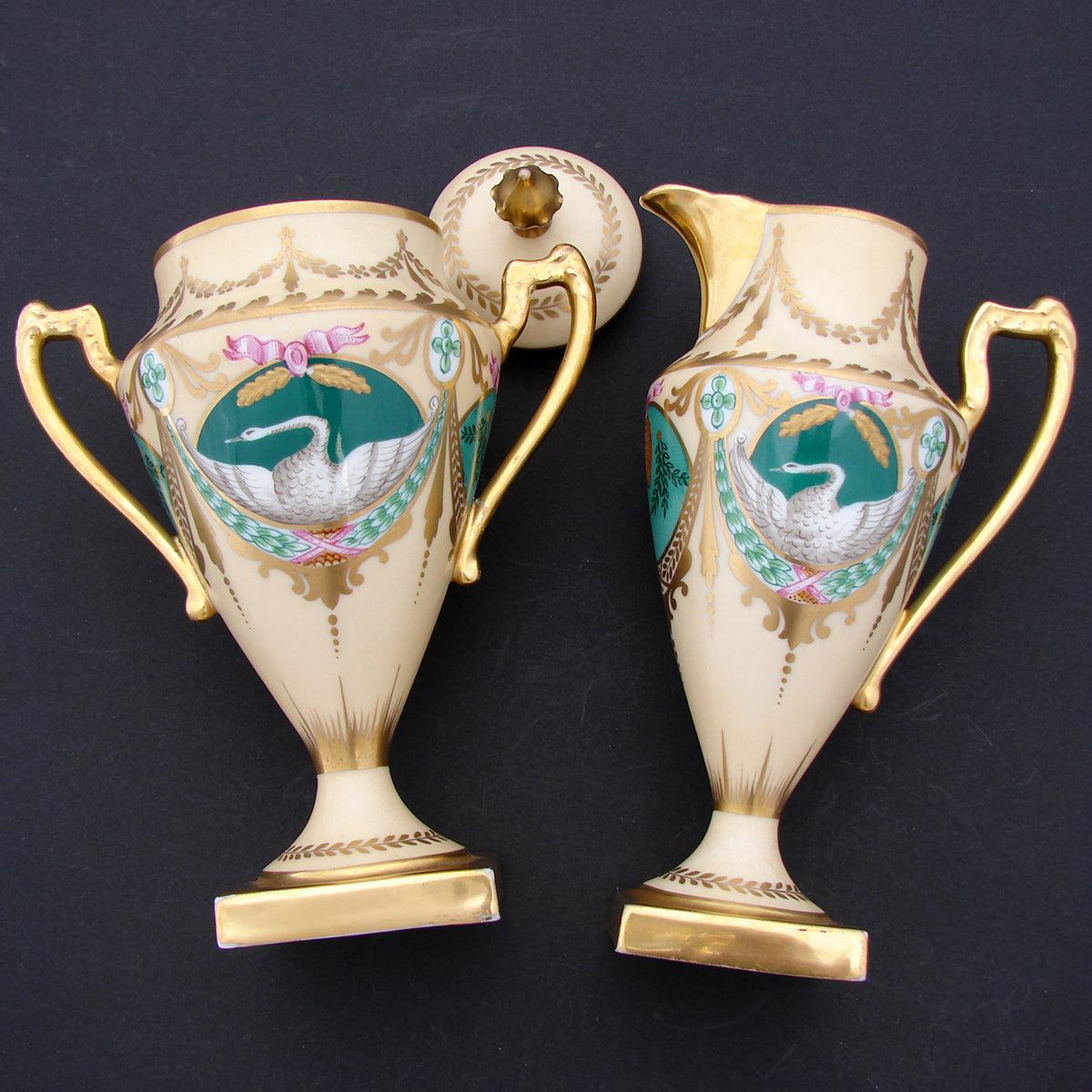 Antique French c. 1850-70 Empire Revival Style 5pc Tete-a-tete Sized Tea or Coffee Set, Swans