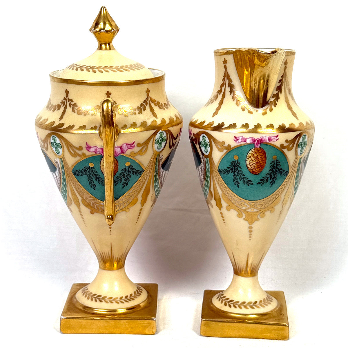 Antique French c. 1850-70 Empire Revival Style 5pc Tete-a-tete Sized Tea or Coffee Set, Swans