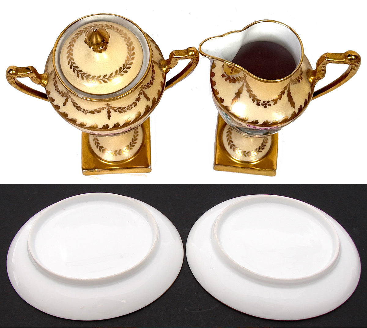 Antique French c. 1850-70 Empire Revival Style 5pc Tete-a-tete Sized Tea or Coffee Set, Swans