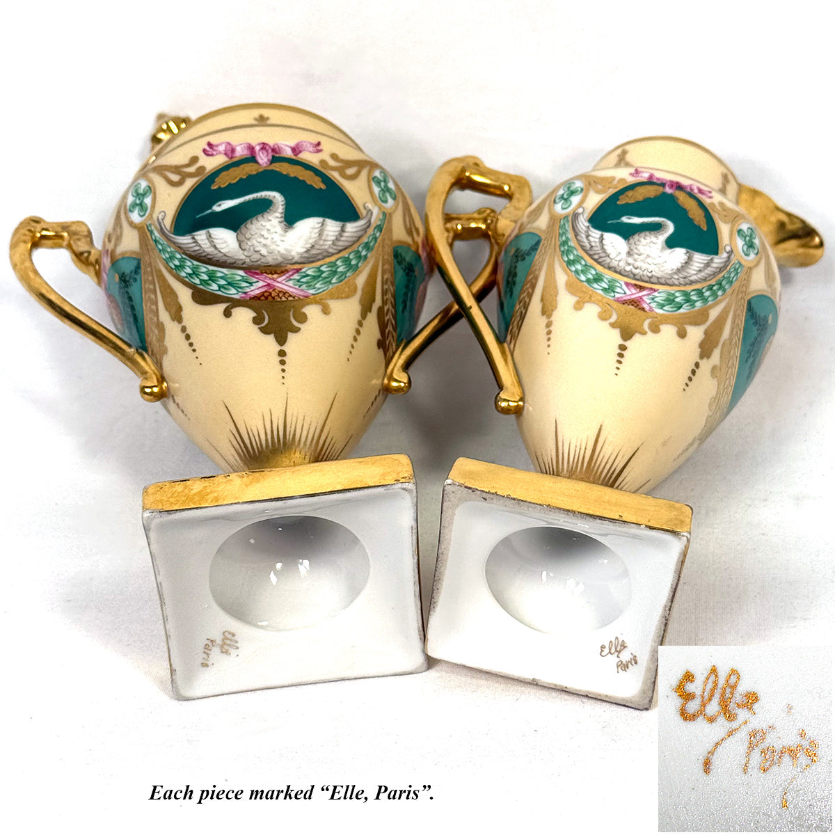 Antique French c. 1850-70 Empire Revival Style 5pc Tete-a-tete Sized Tea or Coffee Set, Swans