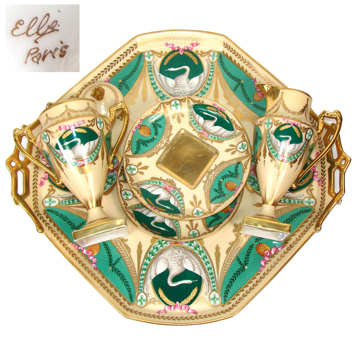 Antique French c. 1850-70 Empire Revival Style 5pc Tete-a-tete Sized Tea or Coffee Set, Swans