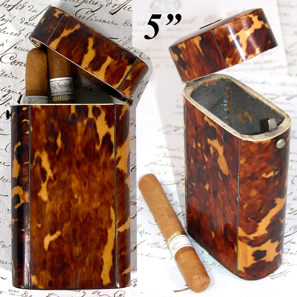 Antique Victorian Era Tortoise Shell & Pique Cigar Etui or Travel Tea Caddy - Tortoiseshell