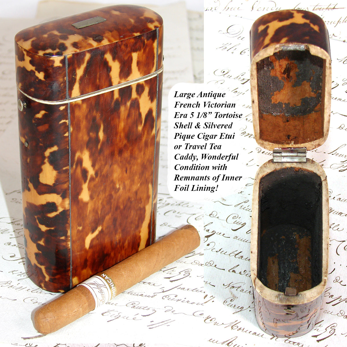 Antique Victorian Era Tortoise Shell & Pique Cigar Etui or Travel Tea Caddy - Tortoiseshell