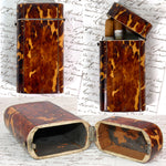 Antique Victorian Era Tortoise Shell & Pique Cigar Etui or Travel Tea Caddy - Tortoiseshell