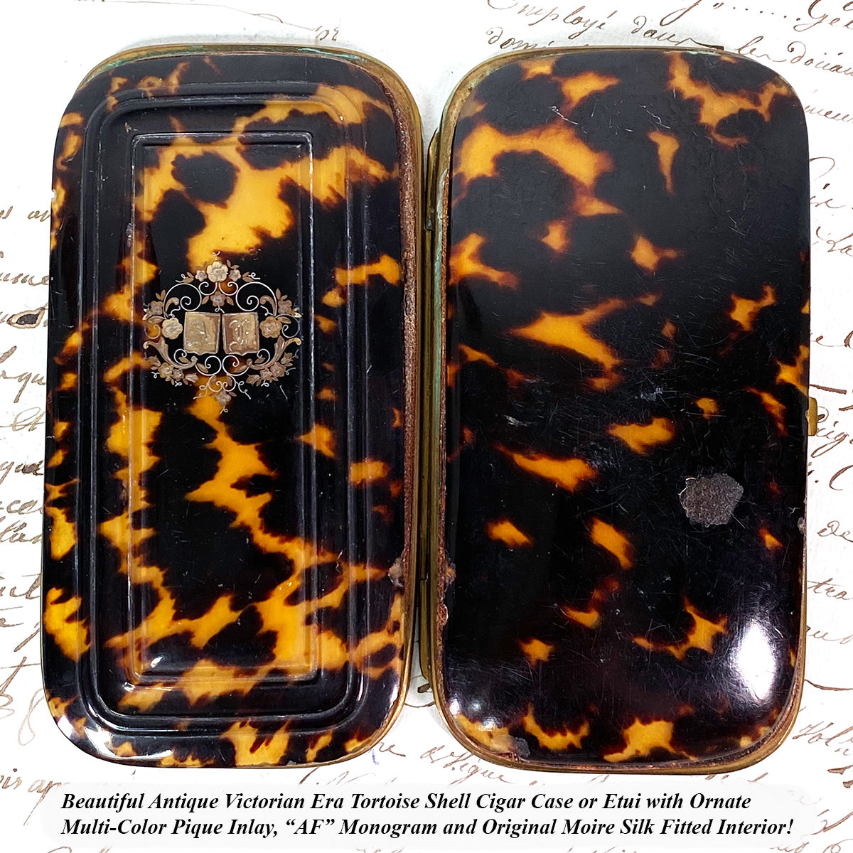 Antique French Cigar Case, Necessaire in Fine Tortoise Shell Pique - Tortoiseshell