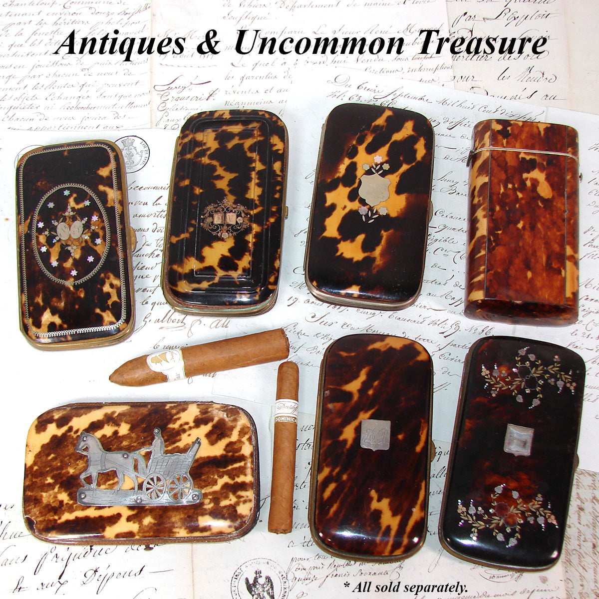 Antique French Cigar Case, Necessaire in Fine Tortoise Shell Pique - Tortoiseshell