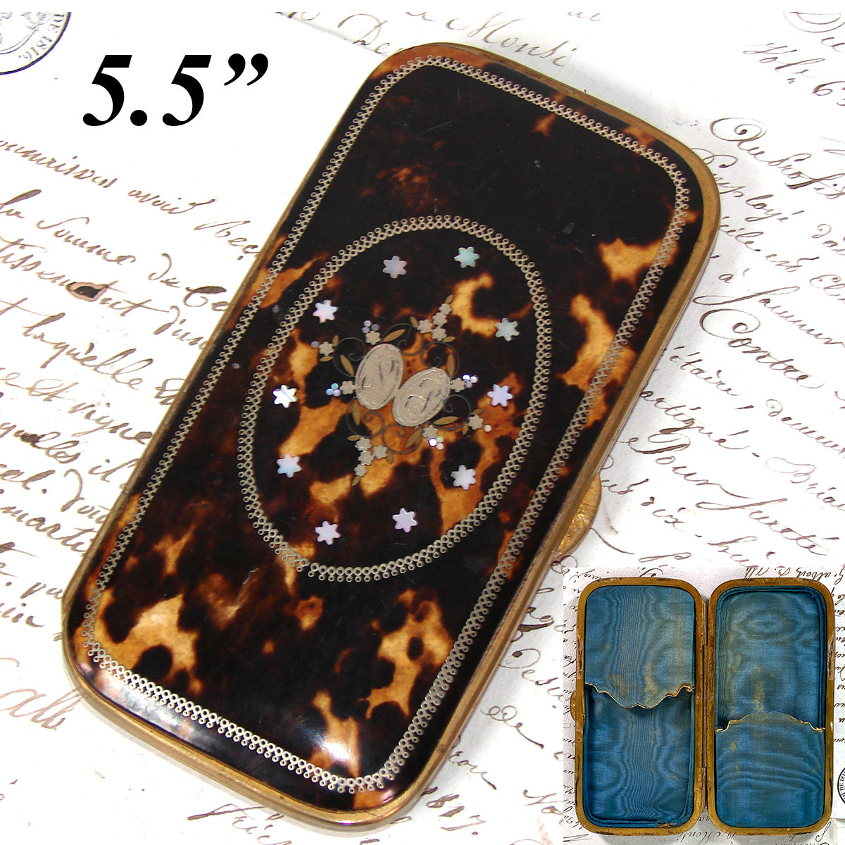 Superb Antique French Tortoise Shell & Pique Inlay 5.5" Cigar Case, Mother of Pearl Accents