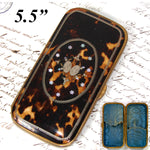 Superb Antique French Tortoise Shell & Pique Inlay 5.5" Cigar Case, Mother of Pearl Accents