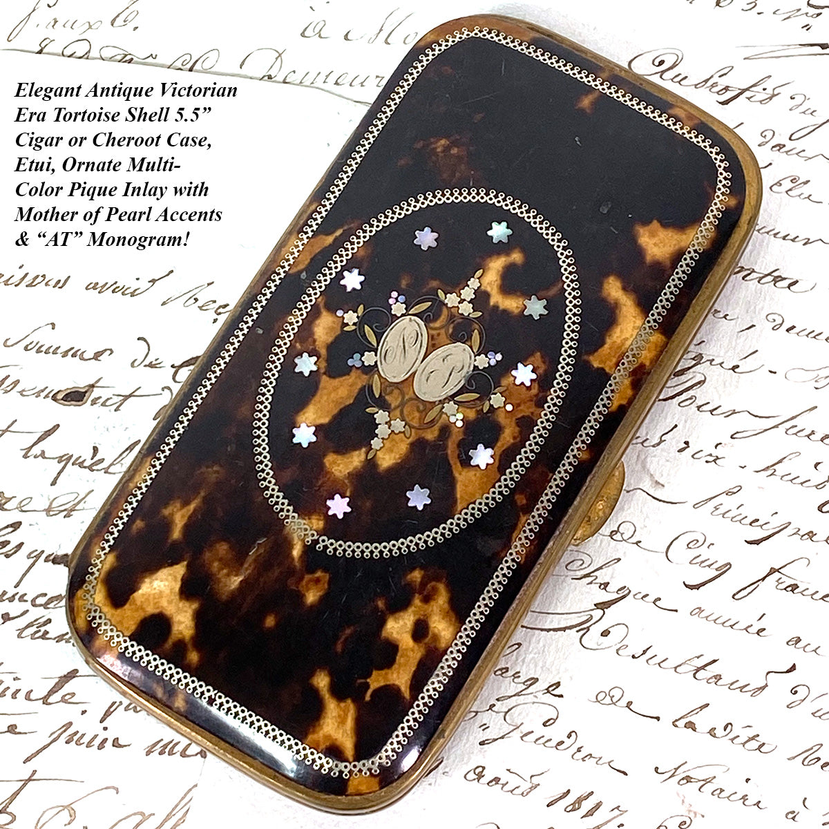 Superb Antique French Tortoise Shell & Pique Inlay 5.5" Cigar Case, Mother of Pearl Accents