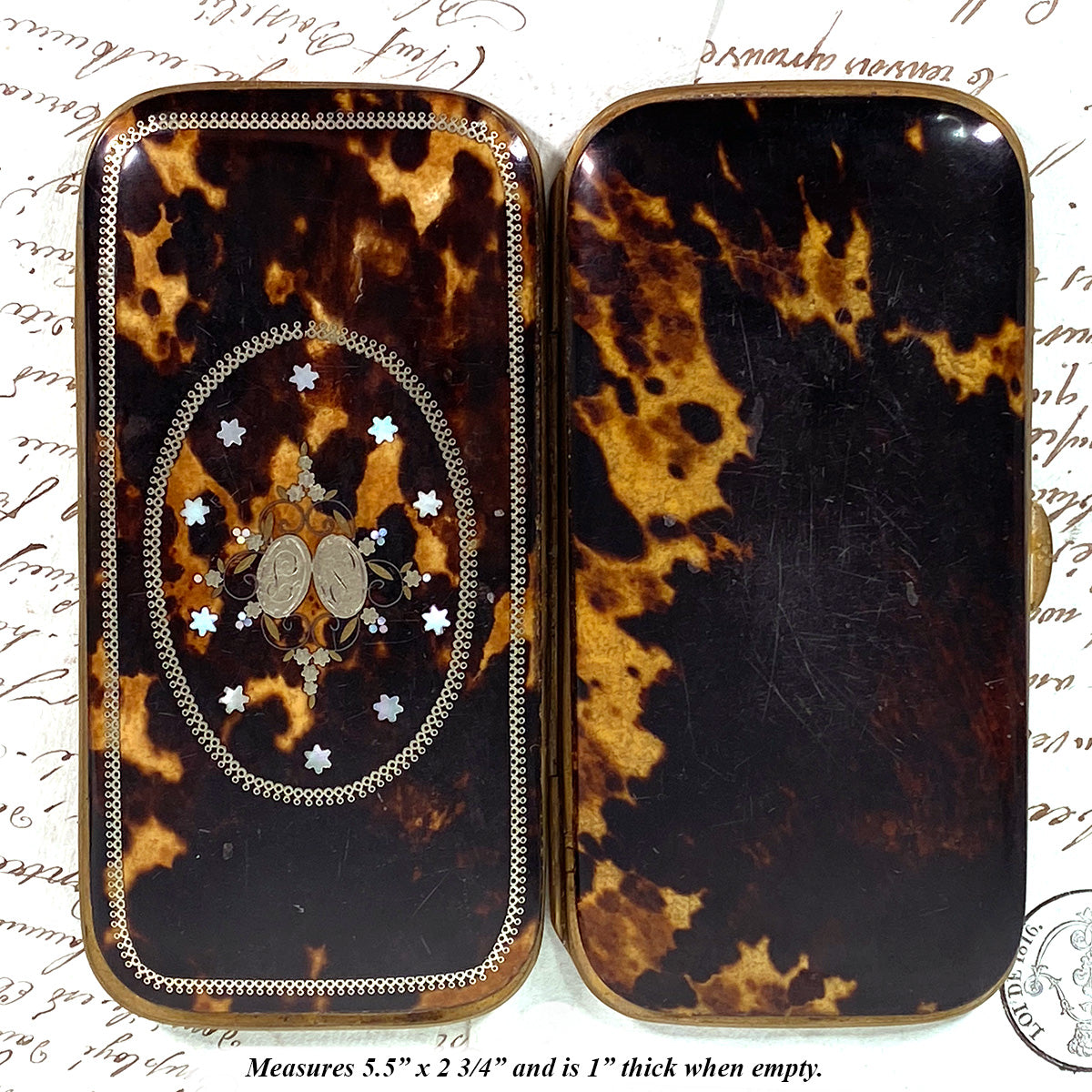 Superb Antique French Tortoise Shell & Pique Inlay 5.5" Cigar Case, Mother of Pearl Accents