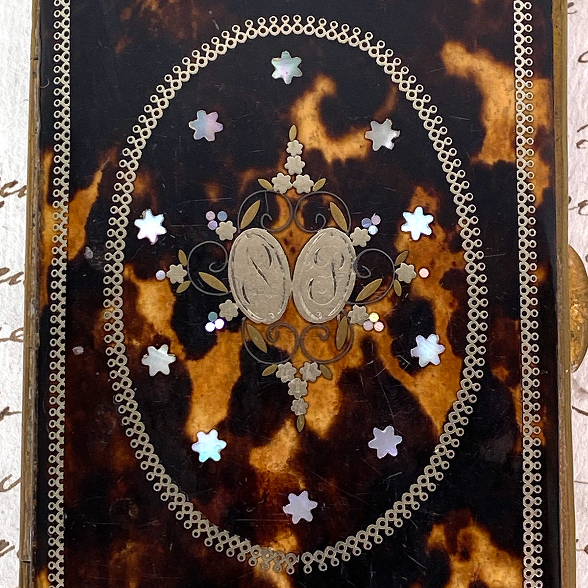 Superb Antique French Tortoise Shell & Pique Inlay 5.5" Cigar Case, Mother of Pearl Accents