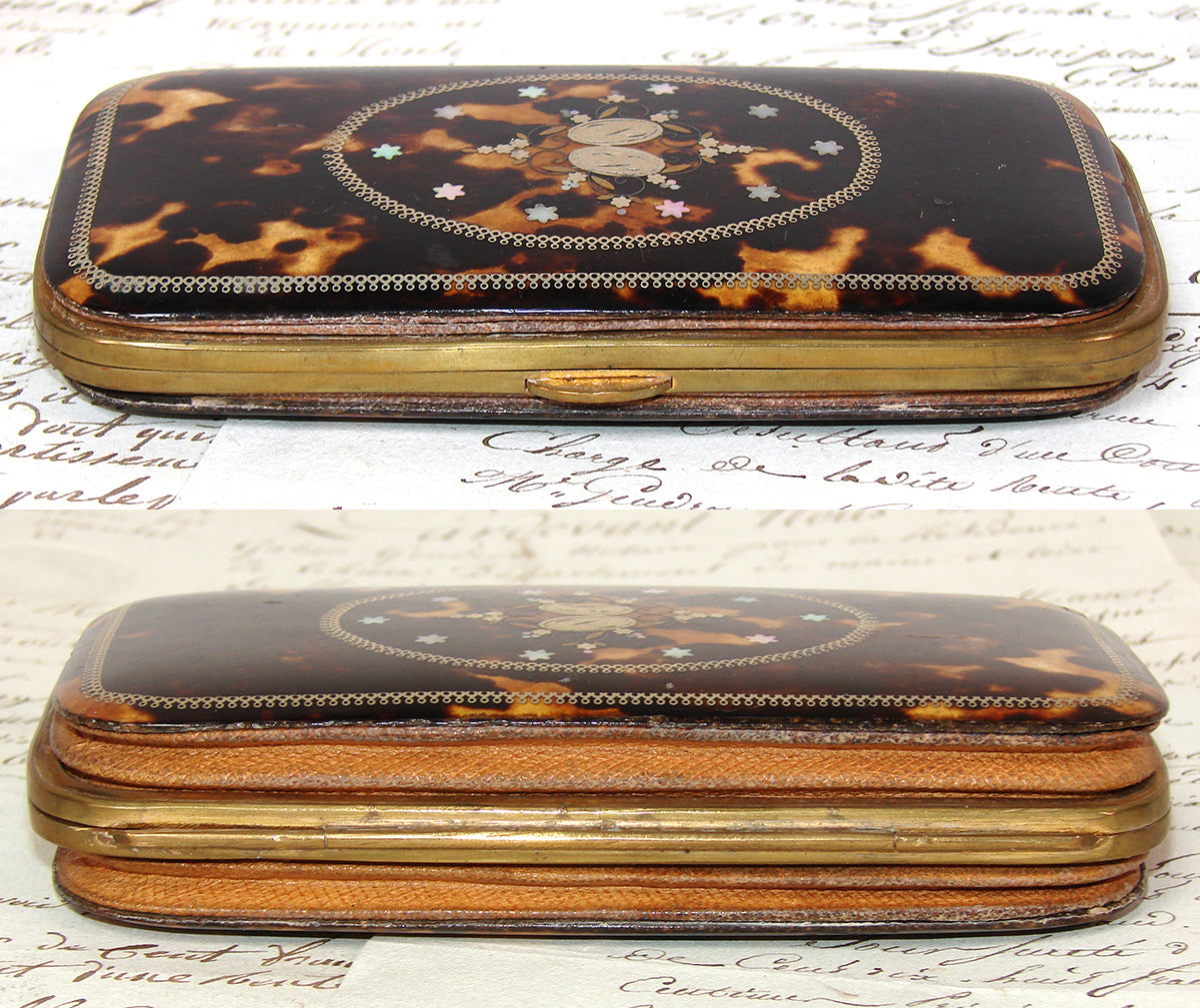 Superb Antique French Tortoise Shell & Pique Inlay 5.5" Cigar Case, Mother of Pearl Accents