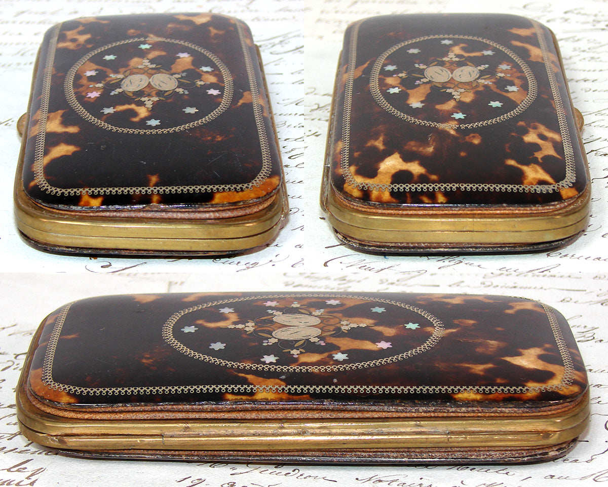 Superb Antique French Tortoise Shell & Pique Inlay 5.5" Cigar Case, Mother of Pearl Accents