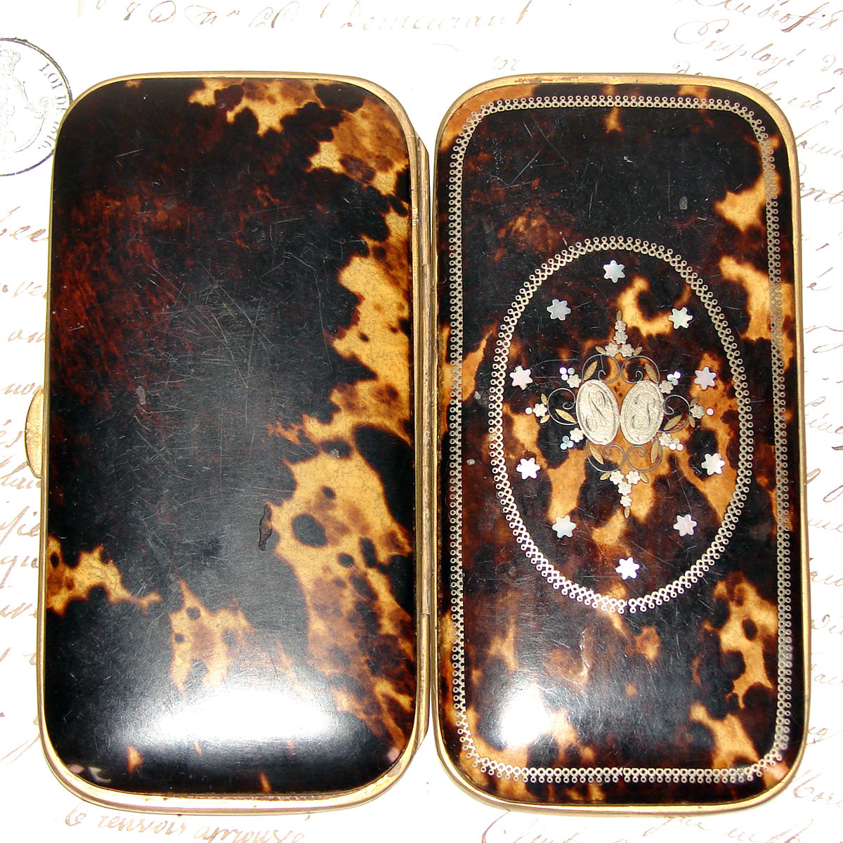 Superb Antique French Tortoise Shell & Pique Inlay 5.5" Cigar Case, Mother of Pearl Accents