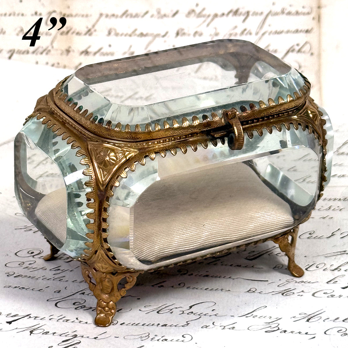 Antique French Napoleon III Jewelry Casket, Miniature Vitrine Box with Thick Beveled Glass