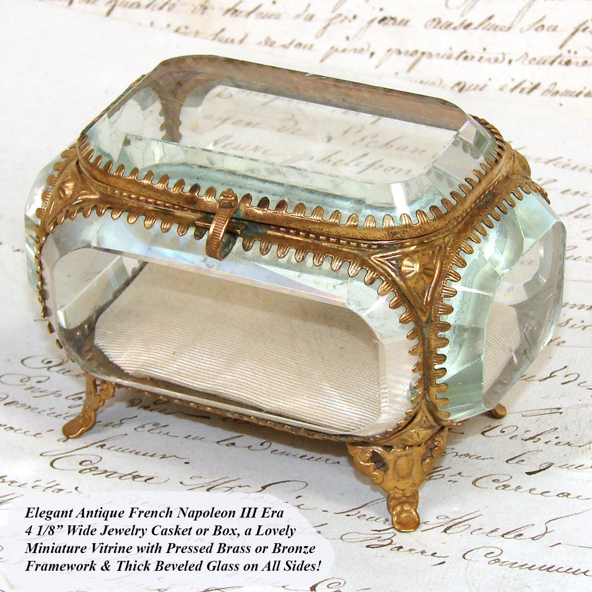 Antique French Napoleon III Jewelry Casket, Miniature Vitrine Box with Thick Beveled Glass