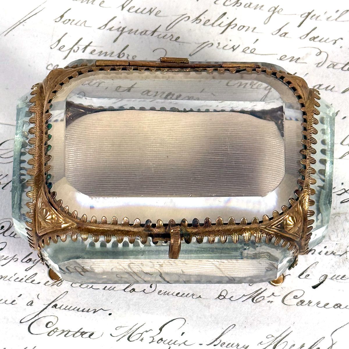 Antique French Napoleon III Jewelry Casket, Miniature Vitrine Box with Thick Beveled Glass