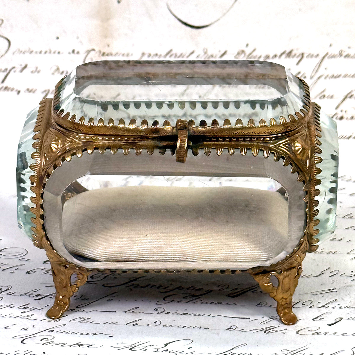 Antique French Napoleon III Jewelry Casket, Miniature Vitrine Box with Thick Beveled Glass