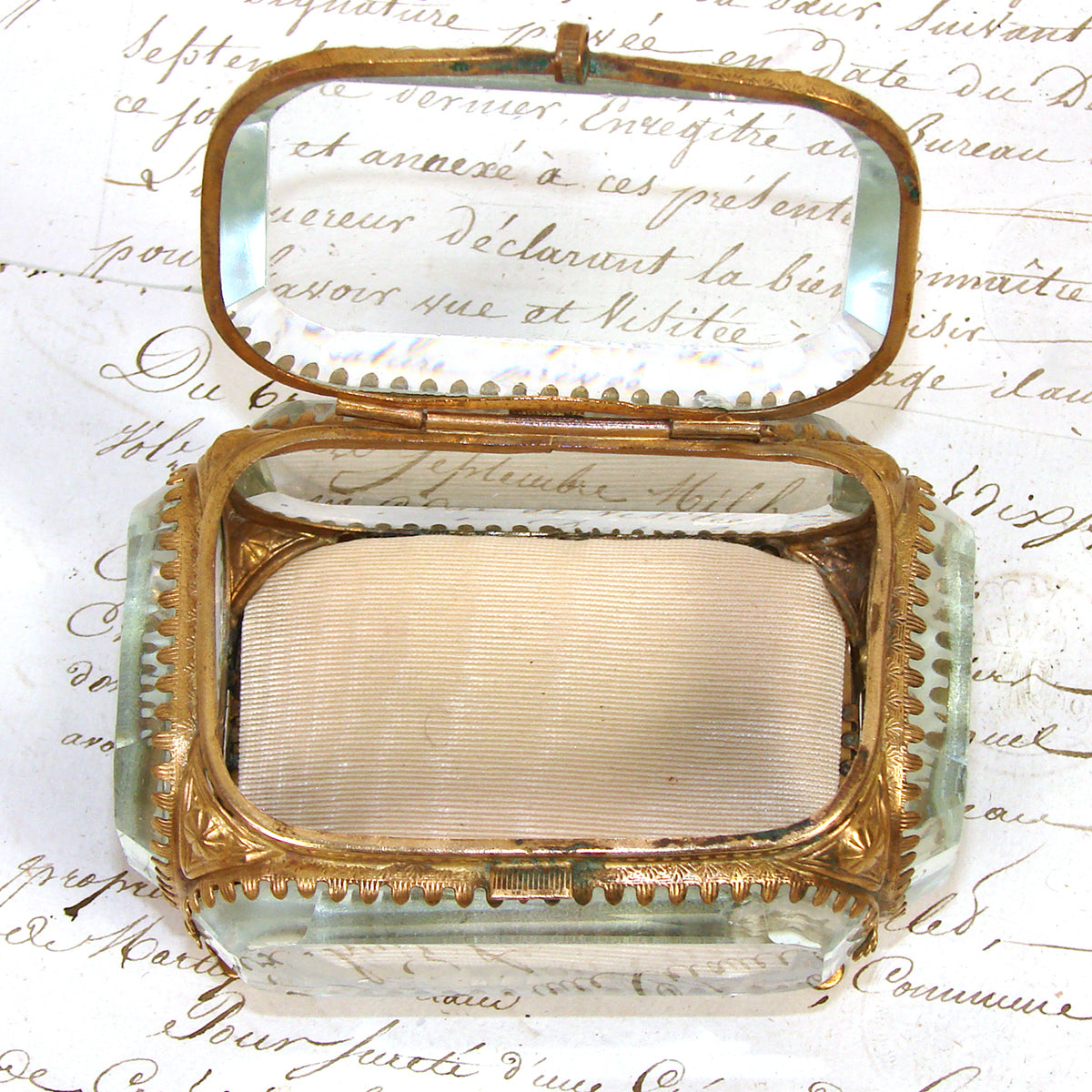 Antique French Napoleon III Jewelry Casket, Miniature Vitrine Box with Thick Beveled Glass