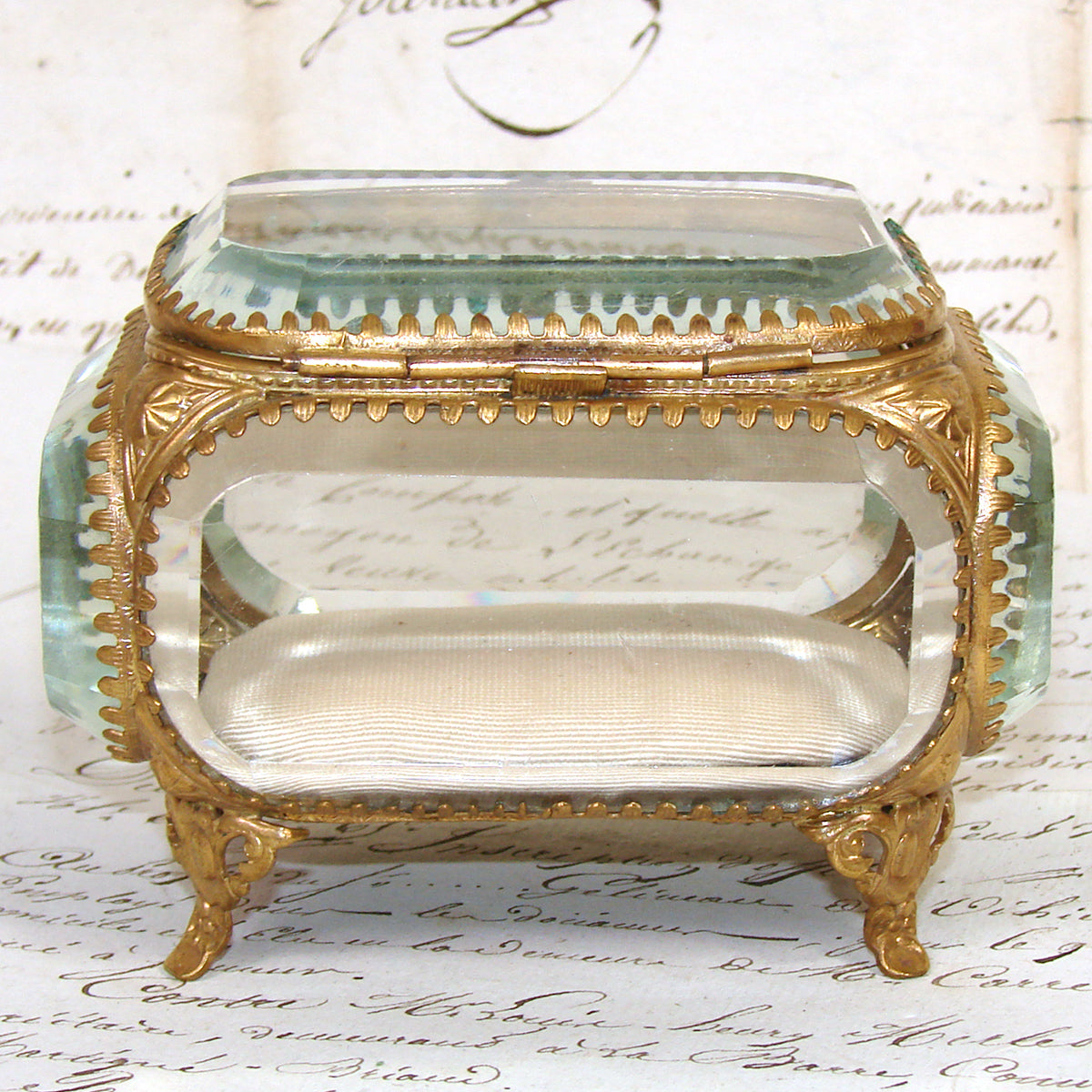 Antique French Napoleon III Jewelry Casket, Miniature Vitrine Box with Thick Beveled Glass