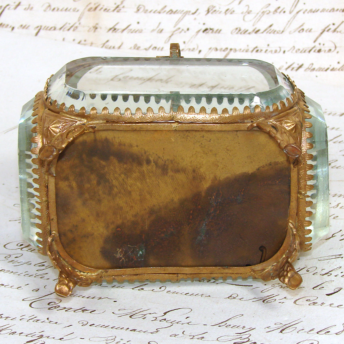 Antique French Napoleon III Jewelry Casket, Miniature Vitrine Box with Thick Beveled Glass