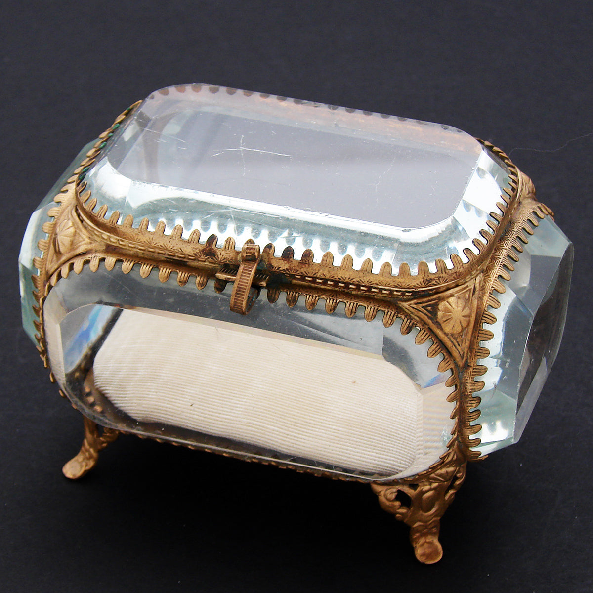 Antique French Napoleon III Jewelry Casket, Miniature Vitrine Box with Thick Beveled Glass