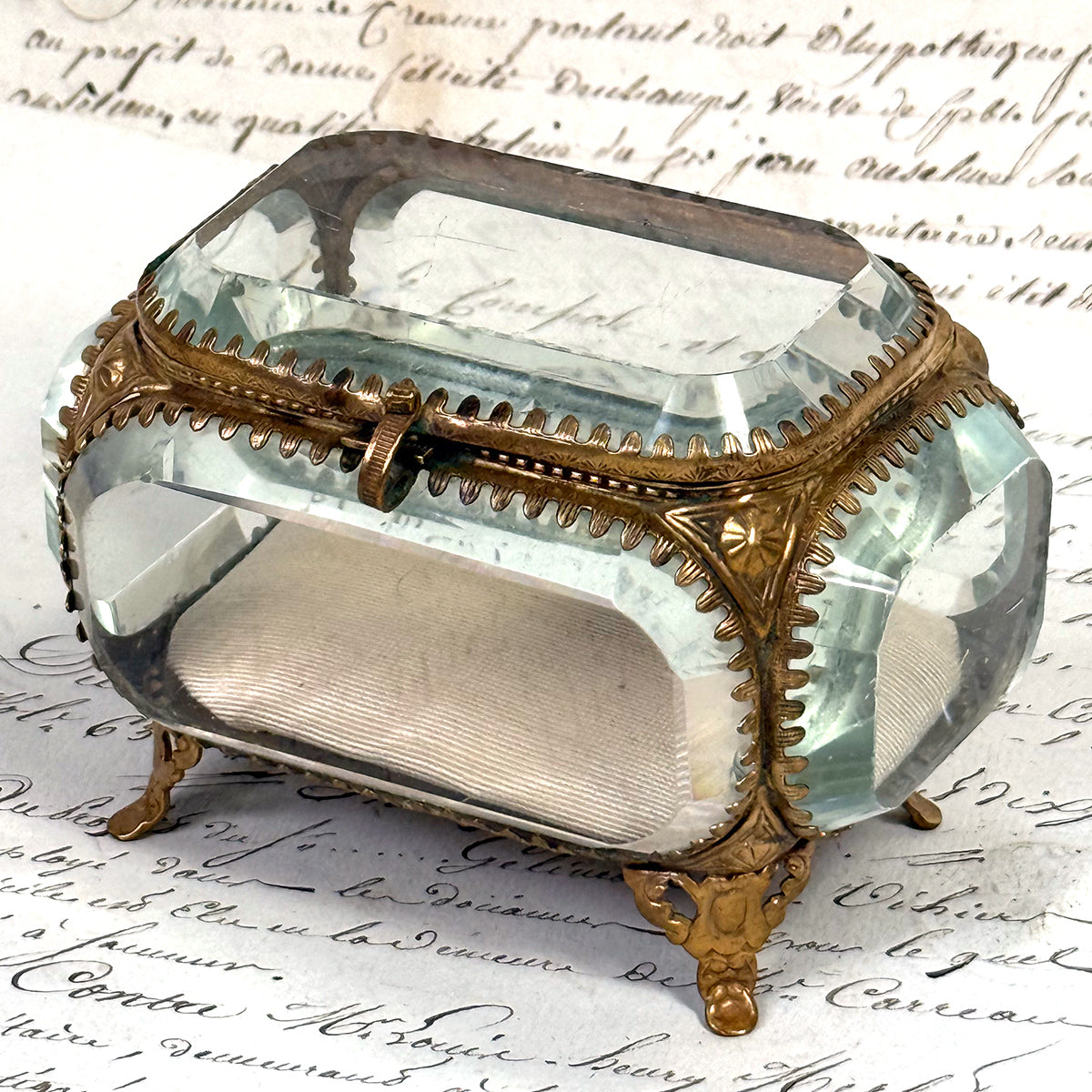 Antique French Napoleon III Jewelry Casket, Miniature Vitrine Box with Thick Beveled Glass