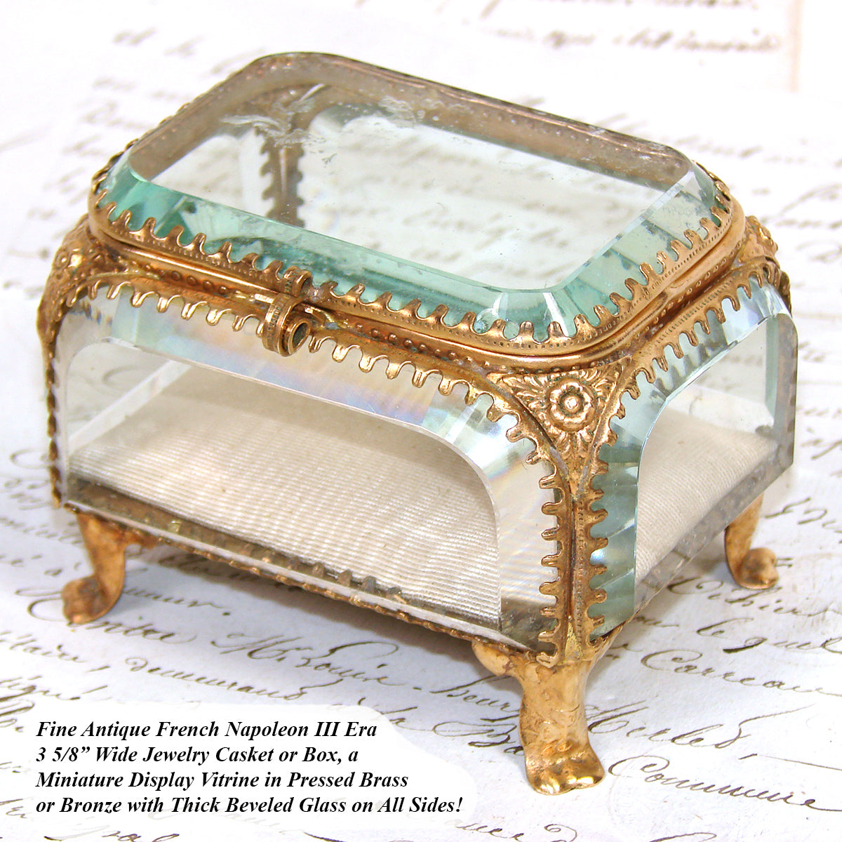 Antique French Napoleon III Jewelry Casket, Miniature Vitrine Box with Thick Beveled Glass