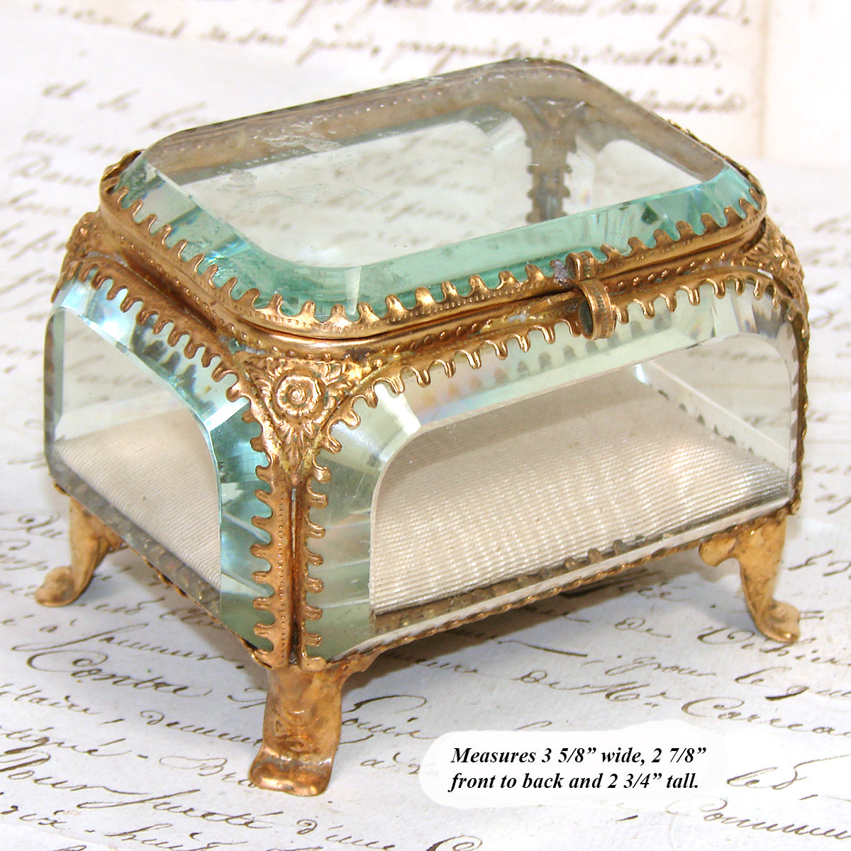 Antique French Napoleon III Jewelry Casket, Miniature Vitrine Box with Thick Beveled Glass