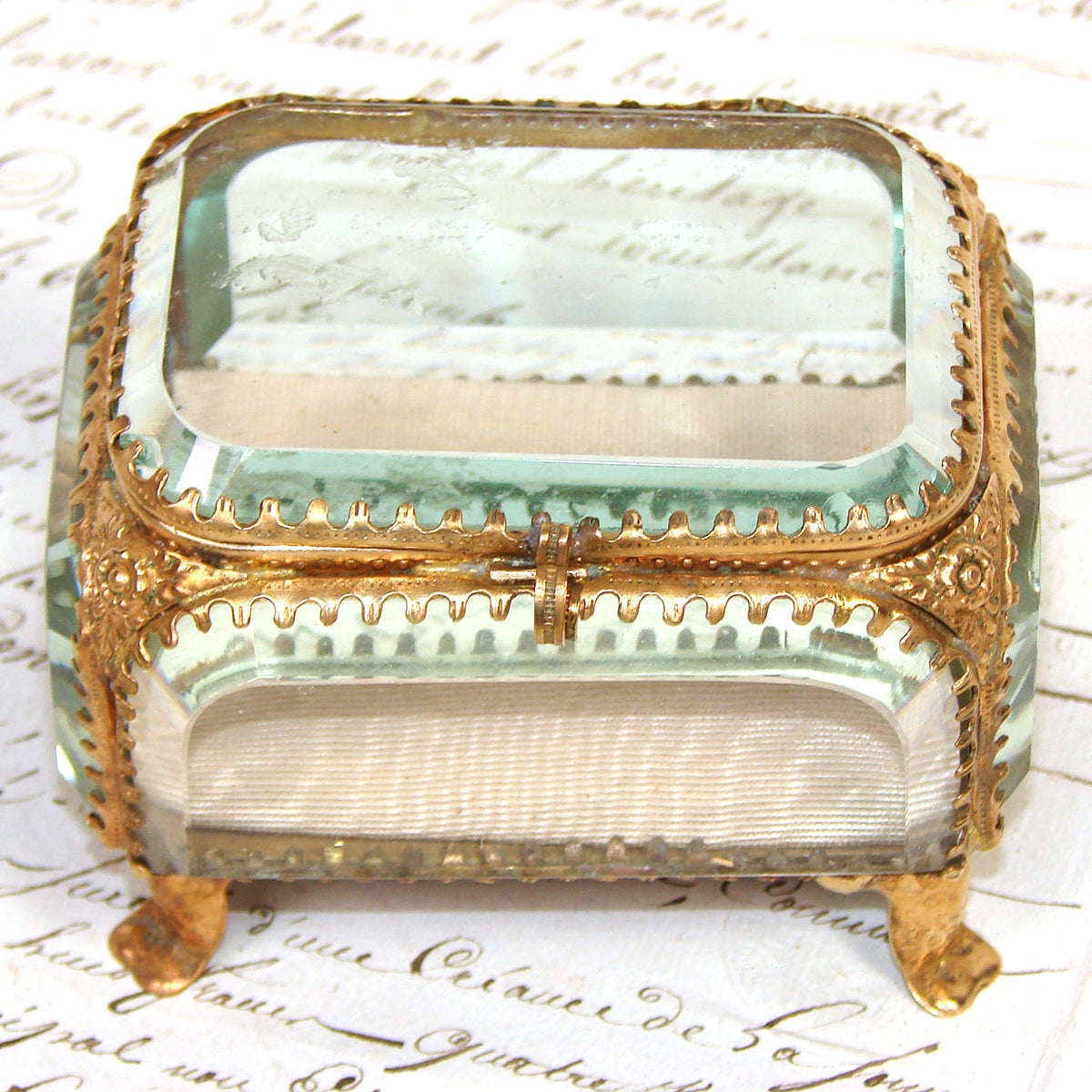 Antique French Napoleon III Jewelry Casket, Miniature Vitrine Box with Thick Beveled Glass
