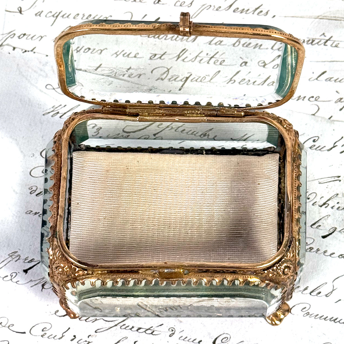 Antique French Napoleon III Jewelry Casket, Miniature Vitrine Box with Thick Beveled Glass