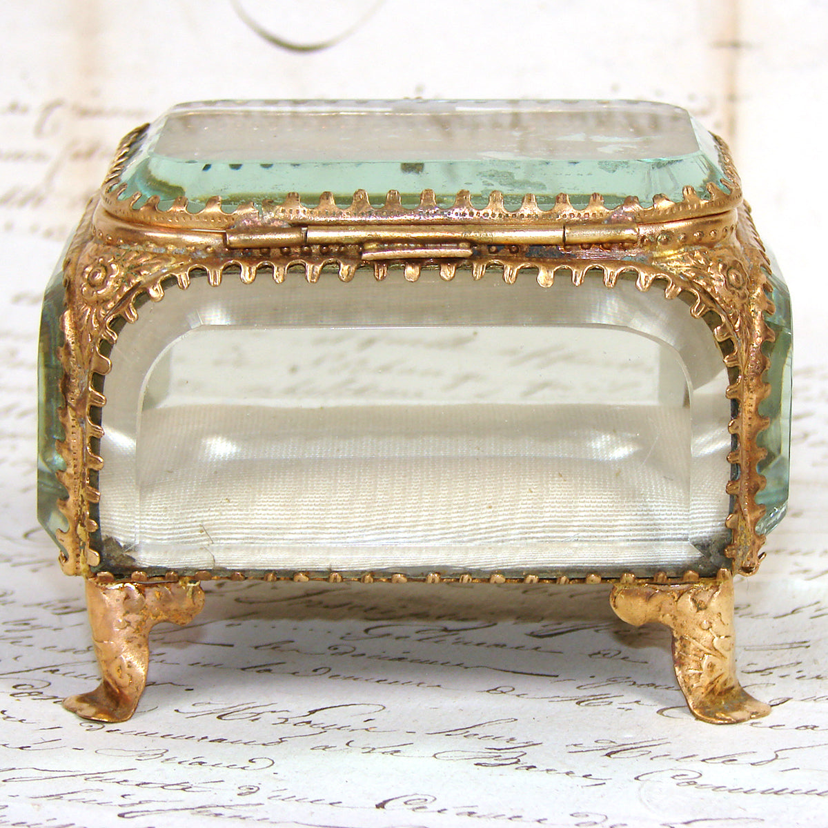 Antique French Napoleon III Jewelry Casket, Miniature Vitrine Box with Thick Beveled Glass