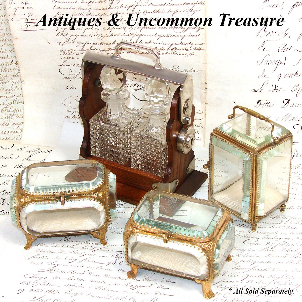 Antique French Napoleon III Jewelry Casket, Miniature Vitrine Box with Thick Beveled Glass