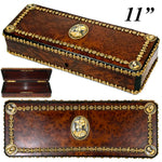 Antique French Napoleon III Burled Document or Gloves Casket, Ornate Box with Brass Strips & Figural Medallions