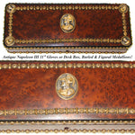 Antique French Napoleon III Burled Document or Gloves Casket, Ornate Box with Brass Strips & Figural Medallions