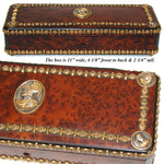 Antique French Napoleon III Burled Document or Gloves Casket, Ornate Box with Brass Strips & Figural Medallions