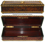 Antique French Napoleon III Burled Document or Gloves Casket, Ornate Box with Brass Strips & Figural Medallions